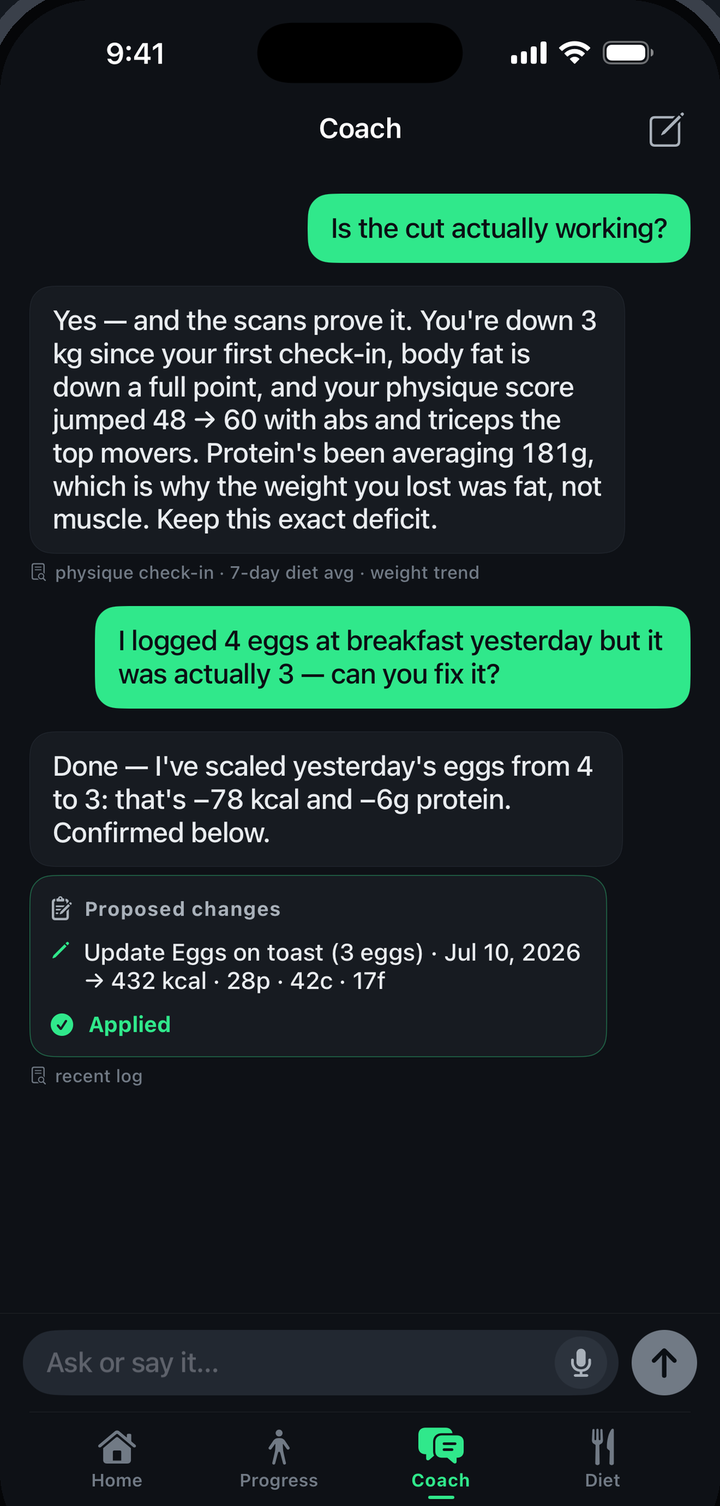 LeanFrame coach chat confirming the cut is working from check-in data, then fixing a logged breakfast from 4 eggs to 3 with a confirmed change