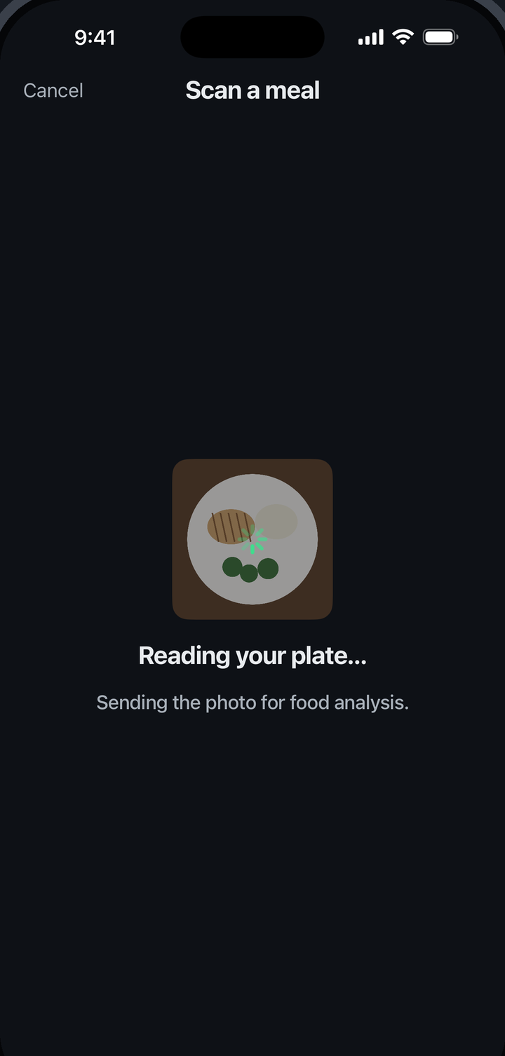 LeanFrame Scan a meal screen reading a photo of a plate to identify each food and estimate calories and macros