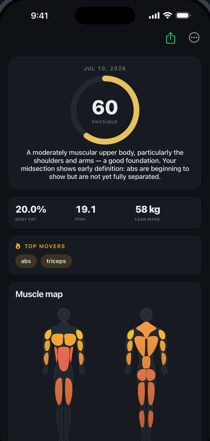 LeanFrame physique report: score 60, body fat 20.0%, FFMI 19.1, 58 kg lean mass, top movers, and a colour-coded muscle map